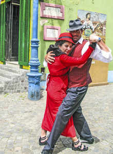 BUENOS AIRES, ARGENTINA - JAN 26, 2015: tango dancer pose for tourists in Caminito Street, Buenos Aires, Argentina. Caminito is a traditional alley, located in La Boca.