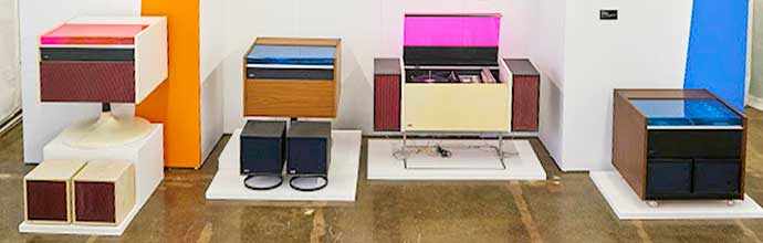 Musée des Ondes Emile Berliner – Left to right: RCA, Stereo Sound System, Model Forma 70 SFA 1094, design André Morin, 1969 RCA, Stereo Sound System, Model Forma 70 Cubiform II SFA 1095, design André Morin, 1972 RCA, Stereo Sound System, Model Forma 70 SFA 1091, design André Morin, 1969 RCA, Stereo Sound System, Model Forma 70 Cubiform IV SFA 1093, design André Morin, 1972 – WestmountMag.ca