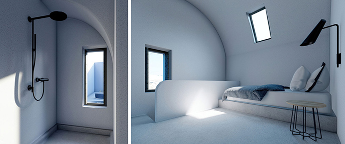 rooms inside arched residencies on Santorini island