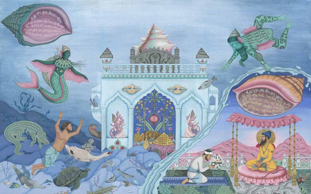 KAU_0007 Keerat Kaur (1991-), Godāvarī-Satluj, 2024, gouache et feuille d’or sur carton, 50,8 x 76,2 cm. Avec l’aimable autorisation de l’artiste. © Keerat Kaur Inc. Keerat Kaur (1991-), Godāvarī-Satluj, 2024, gouache and gold foil on cardboard, 50.8 x 76.2 cm. Courtesy of the artist. © Keerat Kaur Inc.