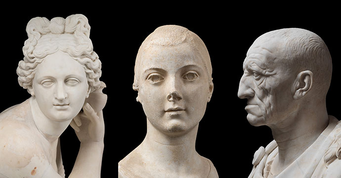 De gauche à droite : Statue d'Aphrodite accroupie, 1er s., Rome, époque impériale, type Doidalsas. | Portrait d'une jeune fille, dite la jeune fille de Vulci, milieu du 1er s. AEC, Rome, époque républicaine tardive. | Portrait d'un homme, dit le vieillard d'Otricoli, milieu du 1er s. AEC, Rome, époque républicaine tardive. Rome, Collection Torlonia. © Fondazione Torlonia. Photos Lorenzo De Masi