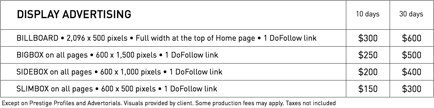 Rates for display advertising in WestmountMag.ca