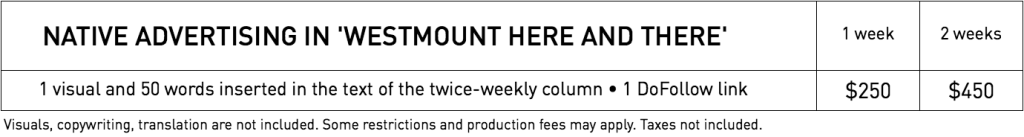 Rates for Native Advertising in WestmountMag.ca