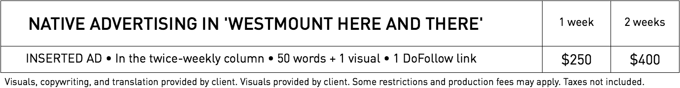 Rates for Native Advertising in WestmountMag.ca