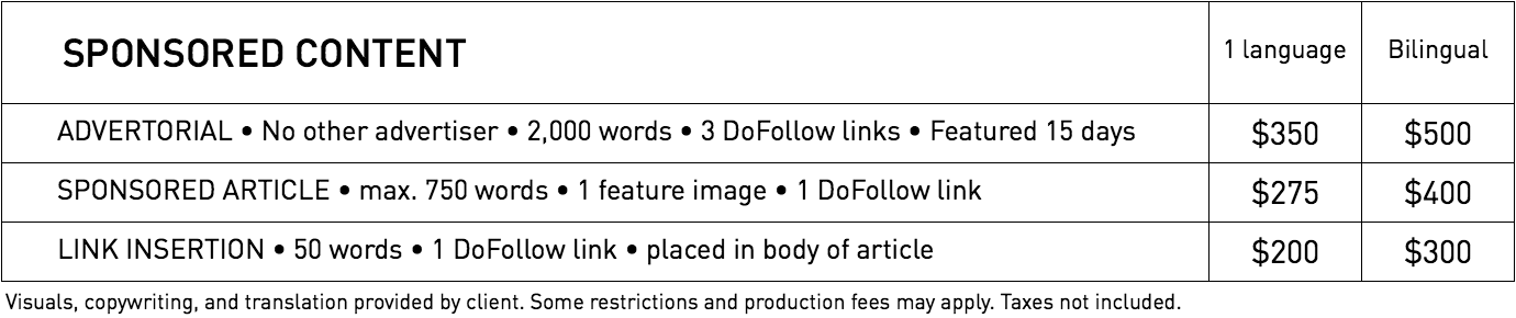 Rates for sponsored content in WestmountMag.ca