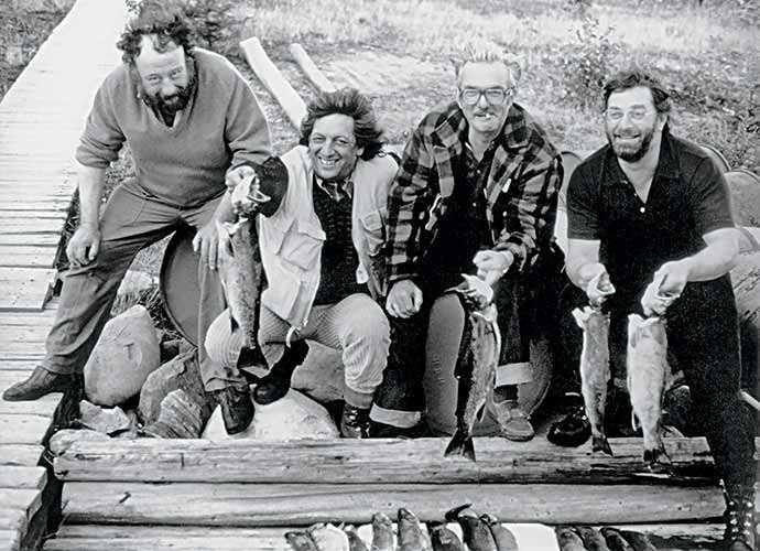 Paul Rebeyrolle, Riopelle, Jacques Lamy and Champlain Charest on a fishing trip, circa 1975
