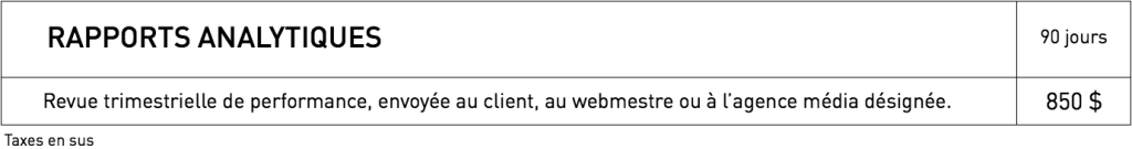 Tarifs pour rapports analytiques de WestmountMag.ca