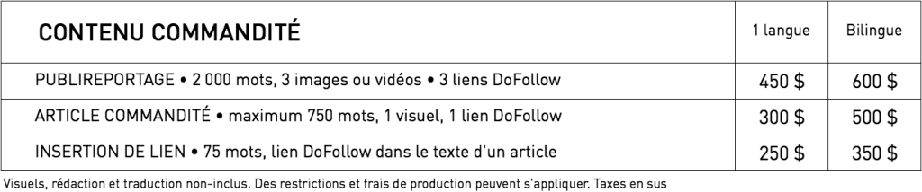 WestmountMag.ca -Tarifs contenu commandité
