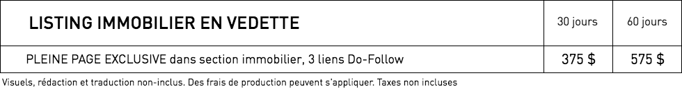 Tarifs pour listings immobiliers dans WestmountMag.ca