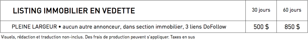 Tarifs pour listing immobilier dans WestmountMag.ca