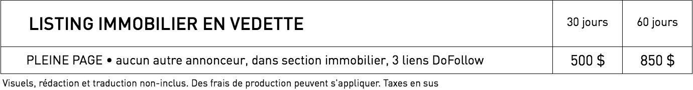 Tarifs pour listing immobilier dans WestmountMag.ca