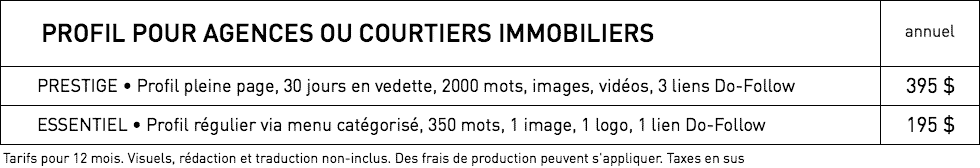 Trarifs pour profil d'agence ou de courtier immobilier dans WestmountMag.ca