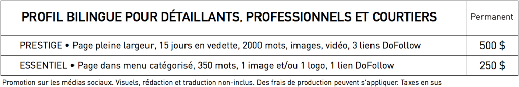Tarifs pour profil dans WestmountMag.ca