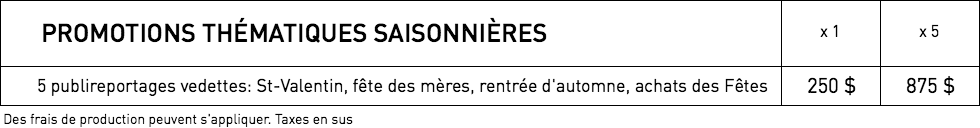 Tarifs pour promotions saisonnières dans WestmountMag.ca
