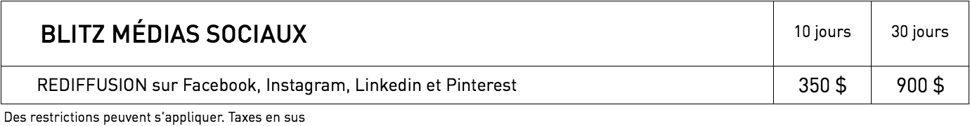 Tarifs pour blitz sur les médias socials de WestmountMag.ca